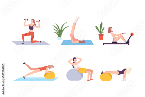 Young women doing sports set. Athletic women exercising with dumbbells and fitball flat vector illustration