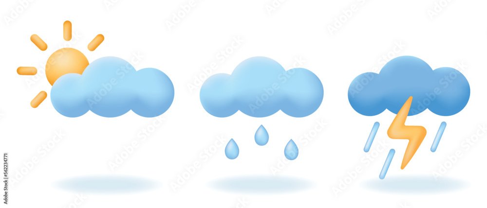 3d weather or forecast elements. Sun, cloud with raindrops, lightning, thunderstorm. Vector icons illustrations isolated on white background.