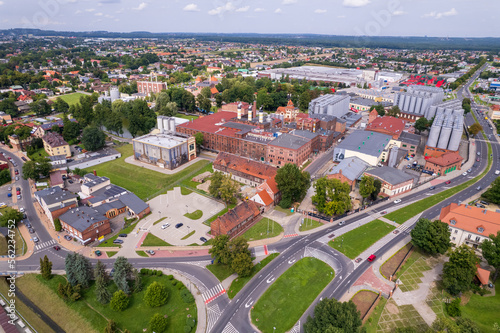 Brewery factory in Tychy, Poland from an aerial view on a beautiful sunny day. A giant beer brewing industry located in the Silesian Voivodeship.