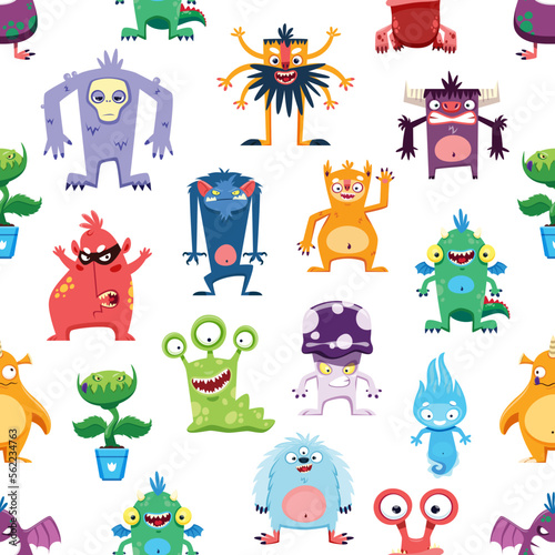 Cartoon monster characters seamless pattern. Cute monster personages background. Textile print with angry bull, alien three eyed snail and predator plant, evil mushroom, fluffy beast and yeti zombie photo