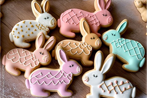  a table topped with lots of decorated cookies and bunnies on top of it's sides and a bunny cookie in the middle of the middle of the cookies on the top of the cookies. Generative AI