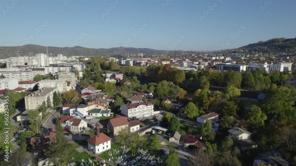 Aerial view of city Banja Luka in Bosnia and Herzegovina, city center, parks and residential houses, river Vrbas, old fortress Aerial view of city Banja Luka in Bosnia and Herzegovina, city center, parks and residential houses, river Vrbas, old fortress