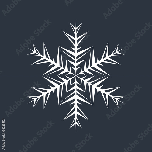 White hexagonal snowflake on a dark background. A unique author s snowflake to decorate the winter holidays. Vector image of a Christmas symbol.