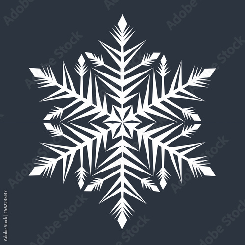 White hexagonal snowflake on a dark background. A unique author's snowflake to decorate the winter holidays. Vector image of a Christmas symbol.