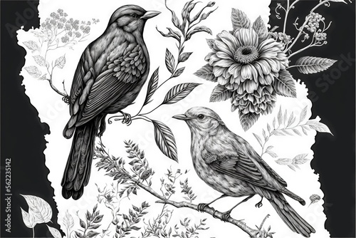  a drawing of two birds sitting on a branch with flowers and leaves around them, one of which is black and white, the other is white, and has a black background with a. Generative AI © Anna