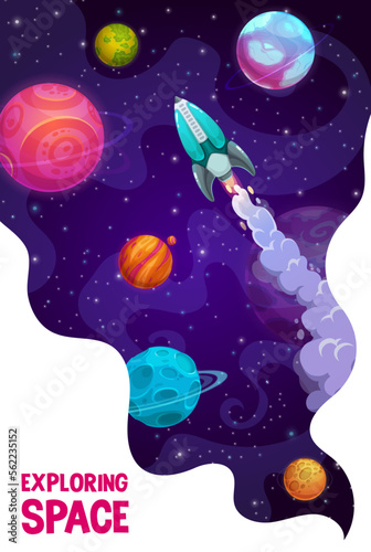 Galaxy exploring poster. Rocketship, space planets, stars and starry nebula. Space flight adventure, far planets systems research vector vertical banner with spaceship flying among galaxy nebula stars © Vector Tradition