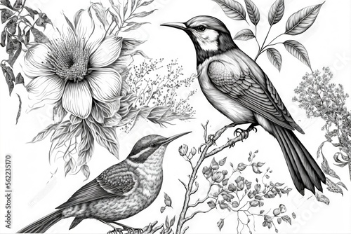  two birds sitting on a branch with flowers in the background and a sunflower in the foreground, and a bird in the foreground with a flower in the foreground, and a. Generative AI