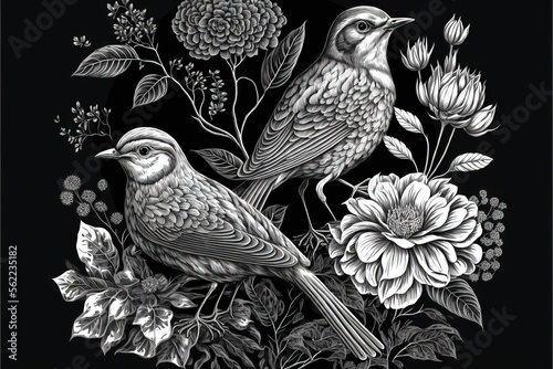  two birds sitting on top of a flower filled branch with leaves and flowers around them on a black background with a white border around the edges of the image is a black background. Generative AI