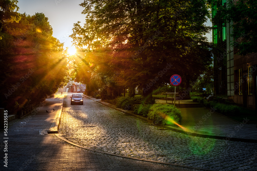 wiosenny słoneczny poranek w mieście z brukowaną starą ulicą i zielonymi drzewami