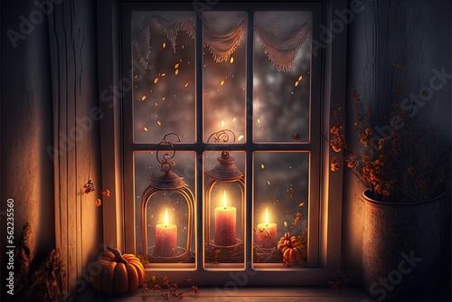 a window with a candle and a potted plant on it in front of it, with a curtain and a window sill with a curtain behind it, and a window with a curtain and a candle Fototapet
