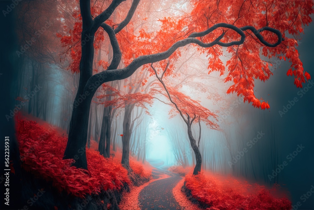 Fototapeta premium Fall's magical woodland fog is beautiful. vibrant scenery Generative AI