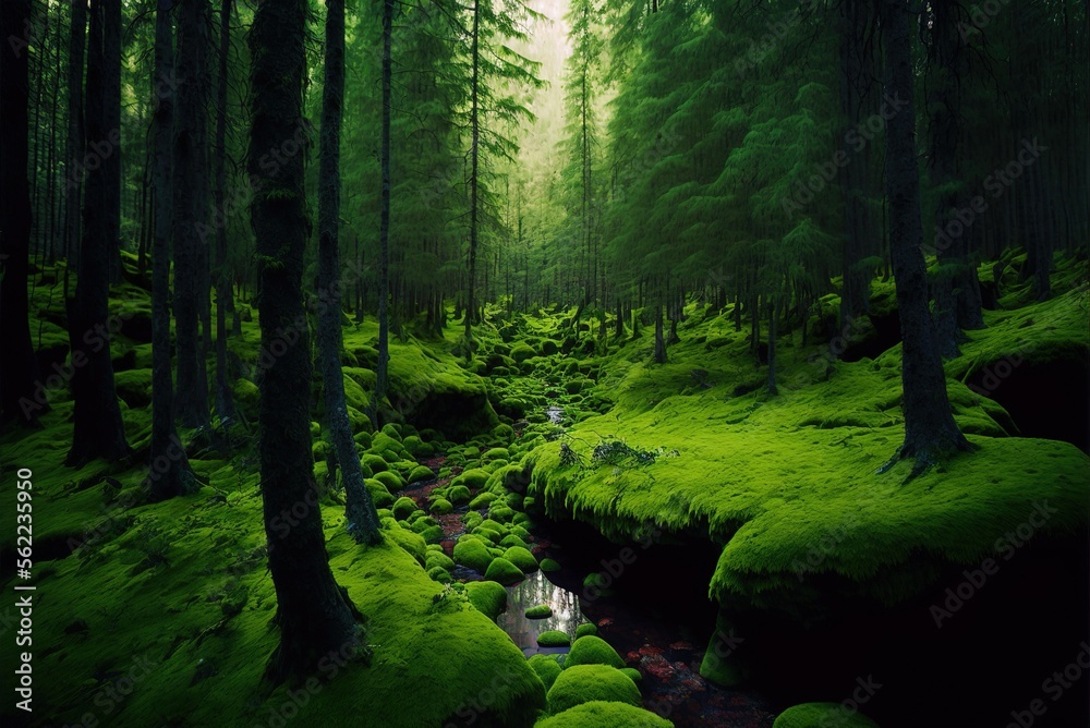 Fototapeta premium Sweden's lush, verdant mossy woodland is a sight to see. Generative AI