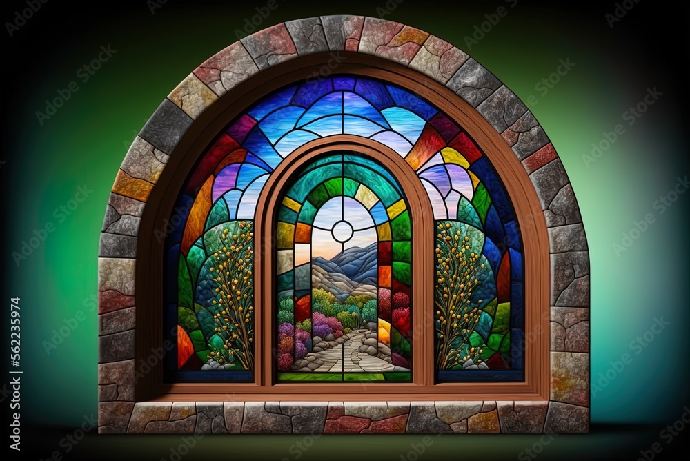 Stained Glass Windows Set In A Stone Surround With A Rainbow Of Colors Generative Ai Stock 2158