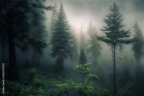 Lovely rainy woodland scenery with fog. Generative AI