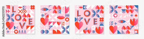 Valentines Day pattern templates.Romantic vector wallpapers in bauhaus style with geometric elements and symbols.Modern trendy designs for prints,banners,fabric,invitations,branding,covers.