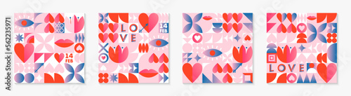 Valentines Day pattern templates.Romantic vector wallpapers in bauhaus style with geometric elements and symbols.Modern trendy designs for prints,banners,fabric,invitations,branding,covers.