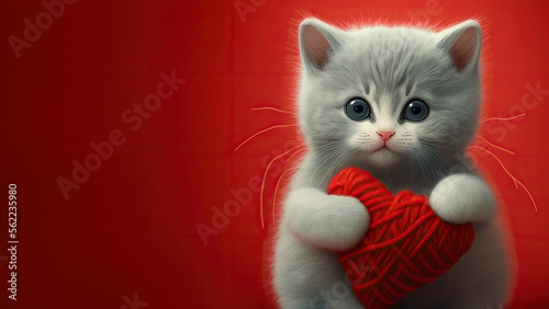 cute kitten holding heart in paws on red background, created with Generative AI technology © koldunova
