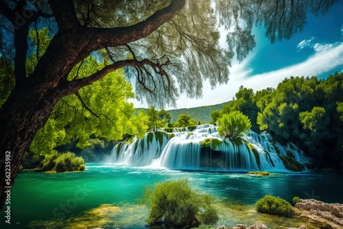Skradinski Buk Waterfall, located in Krka National Park, Dalmatia, is a stunning natural attraction. Generative AI