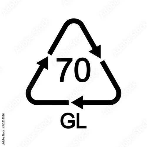 Colorless glass recycling sign in triangular shape with arrows. 70 GL reusable icon isolated on white background. Environmental protection concept