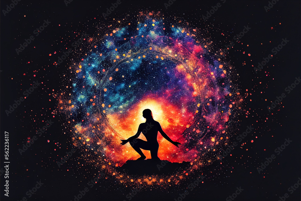 Human yoga pose and meditation comprehends the inner light energy. Spiritual healing energy. Abstract silhouette background.