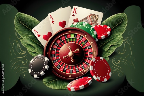 Gambling set, chips, roulette and cards. Generative AI