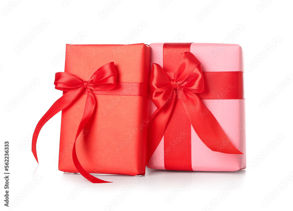 Gift boxes with red ribbon on white background. Valentine's Day celebration Gift boxes with red ribbon on white background. Valentine's Day celebration
