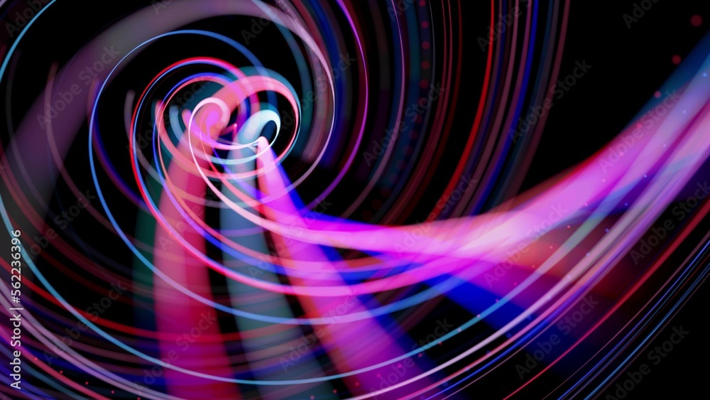 Abstract background with light trails, stream of red blue neon lines in ...