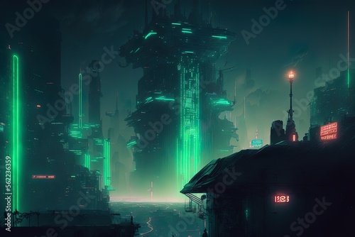 Green and blue neon signs illuminate a cyberpunk metropolis. Picture this: a nighttime panorama of the city, complete with futuristic skyscrapers. Generative AI