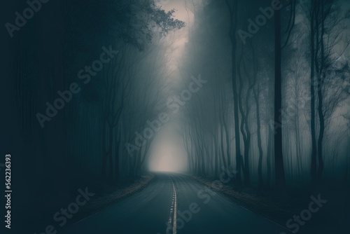 Fotografie, Obraz terrifying forest setting, and a path that is always shrouded in fog Generative
