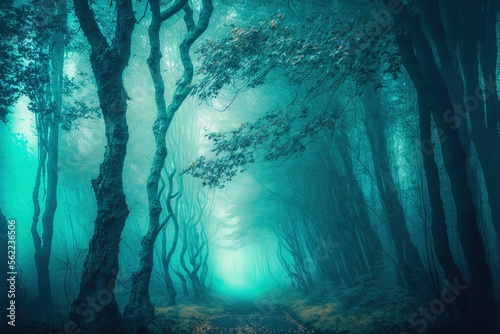 Autumn in a magical world, with mists that are the colors of green and blue Generative AI