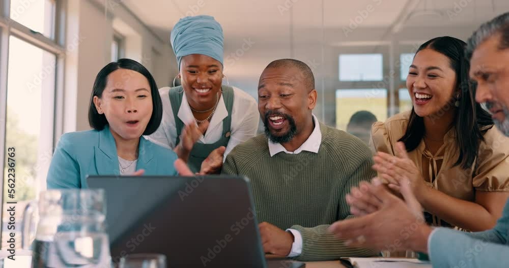 Team applause, laptop and business people celebrate collaboration achievement, profit success or winning. Winner, employee group or excited black man, manager or ceo happy for financial sales revenue Team applause, laptop and business people celebrate collaboration achievement, profit success or winning. Winner, employee group or excited black man, manager or ceo happy for financial sales revenue