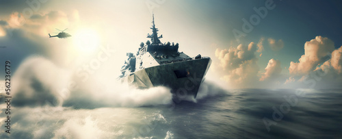 Photographie military special forces naval vessel destroyer sailing fast in the middle of the