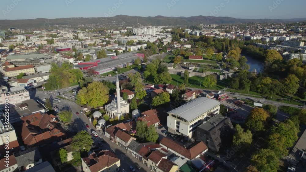 Aerial view of city Banja Luka in Bosnia and Herzegovina, city center, parks and residential houses, river Vrbas, old fortress Aerial view of city Banja Luka in Bosnia and Herzegovina, city center, parks and residential houses, river Vrbas, old fortress