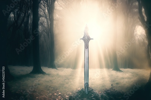 Image of a silver sword hovering mysteriously above England Generative AI