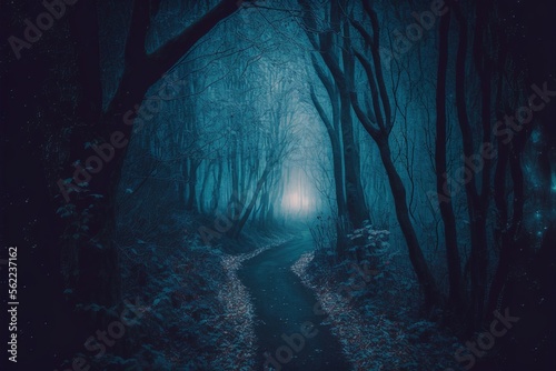 Blue-tinged wooded trail that leads nowhere. Path amid the pitch-black fog, Generative AI