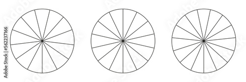Segmented charts collection isolated on a white background. Many number of sectors divide the circle on equal parts. Outline black thin vector graphics. Set of pie charts.