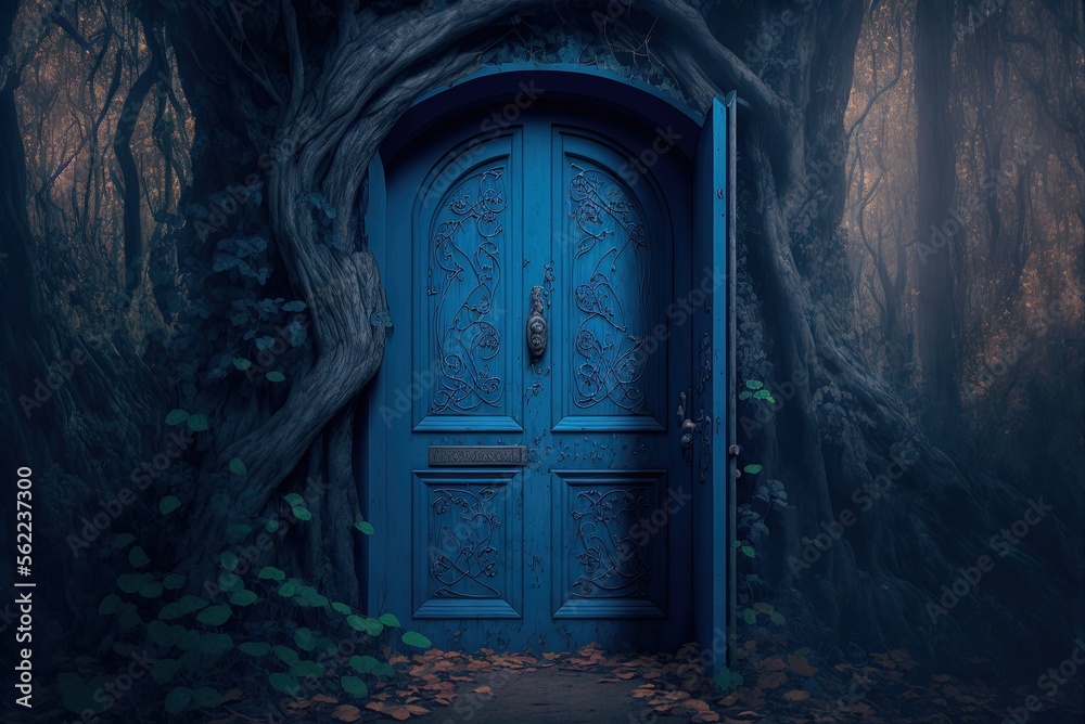 Rough blue door hidden in the woods. Generative AI - obrazy, fototapety, plakaty 