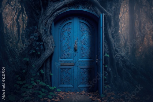 Rough blue door hidden in the woods. Generative AI