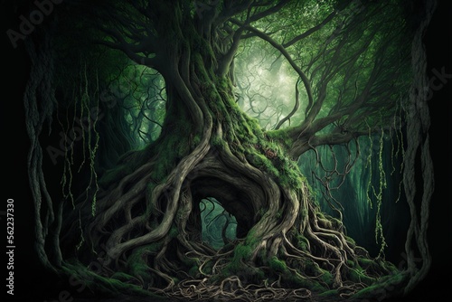 a gnarled, ancient tree amid a lush, verdant forest Generative AI