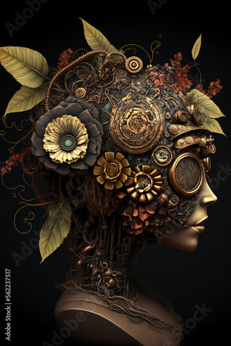 abstract steampunk woman with flowerhead. Generative AI