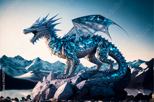 a big ice dragon on a snow mountain in winter
