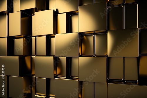 Stylish tiled wall constructed from rectangular tiles. Glossy  the background is constructed from solid gold. Generative AI