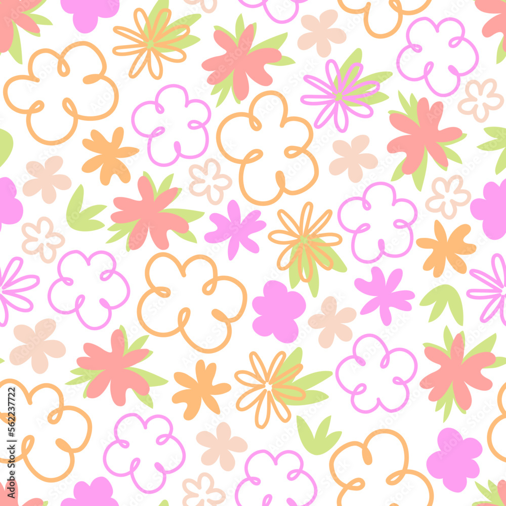 Obraz premium Seamless pattern with flowers drawn in doodle style.