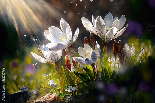 White crocuses and snowdrops blooming in the sun. Generative AI