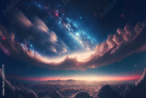 Beyond the clouds, a starry sky creates a wonderful, otherworldly ambiance. Generative AI