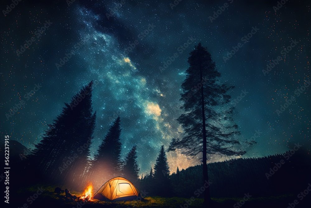 Outdoor campers spend a warm summer night in the shadow of the forest. Generative AI