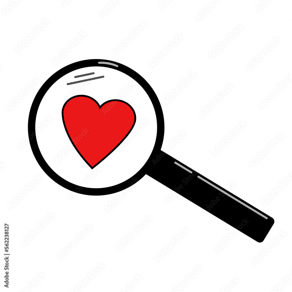 Simple flat black magnifying glass with red heart looking for love Simple flat black magnifying glass with red heart looking for love