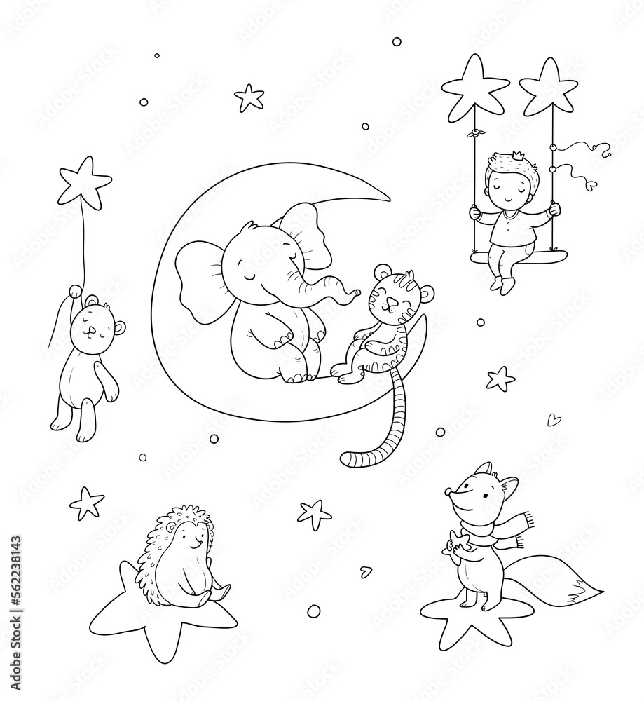 Cute cartoon boy rides on a swing. The child and his toys bear, tiger, fox. The little prince and his friends. Good night. Page for coloring book
