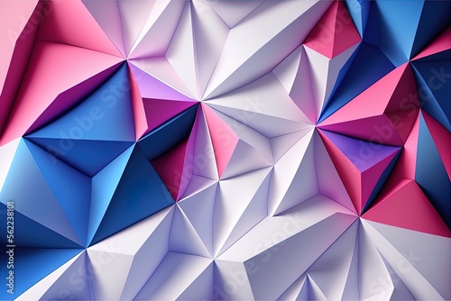 Multicolored Triangular Pyramids on a White, Blue, and Pink Polygonal Background. A Contemporary, Lively Ambience. Generative AI