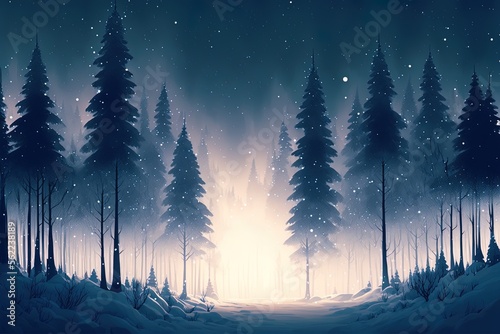A pine woodland transformed into a winter paradise by flashing lights and mist Generative AI
